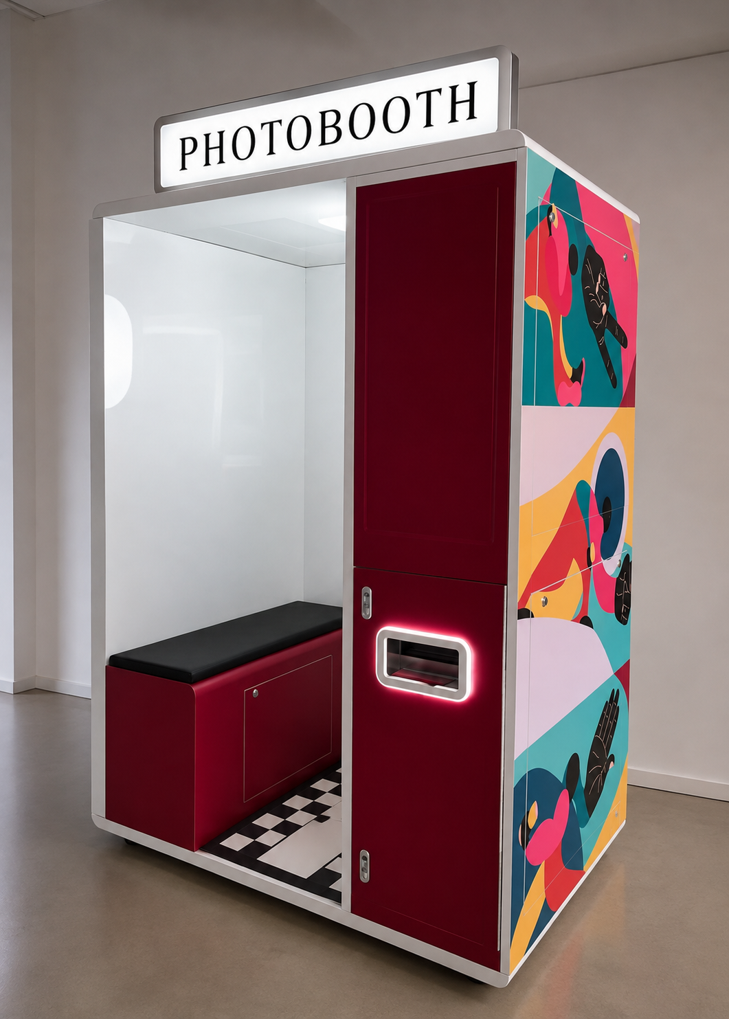 The real HB BOOTHS photo booth — enclosed design with illuminated sign and in-house customised finish