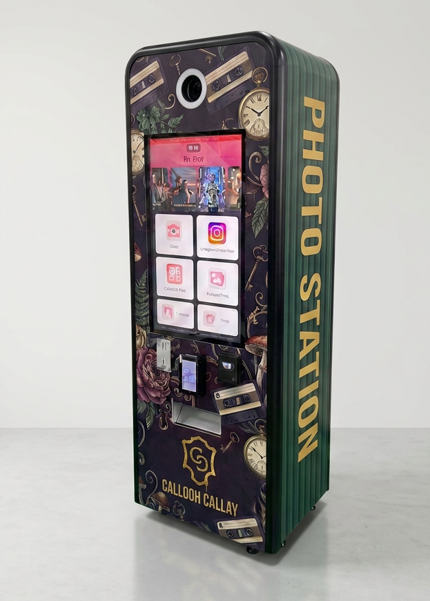 HB Tower photo booth unit with a fully custom wrap, standing in an empty room